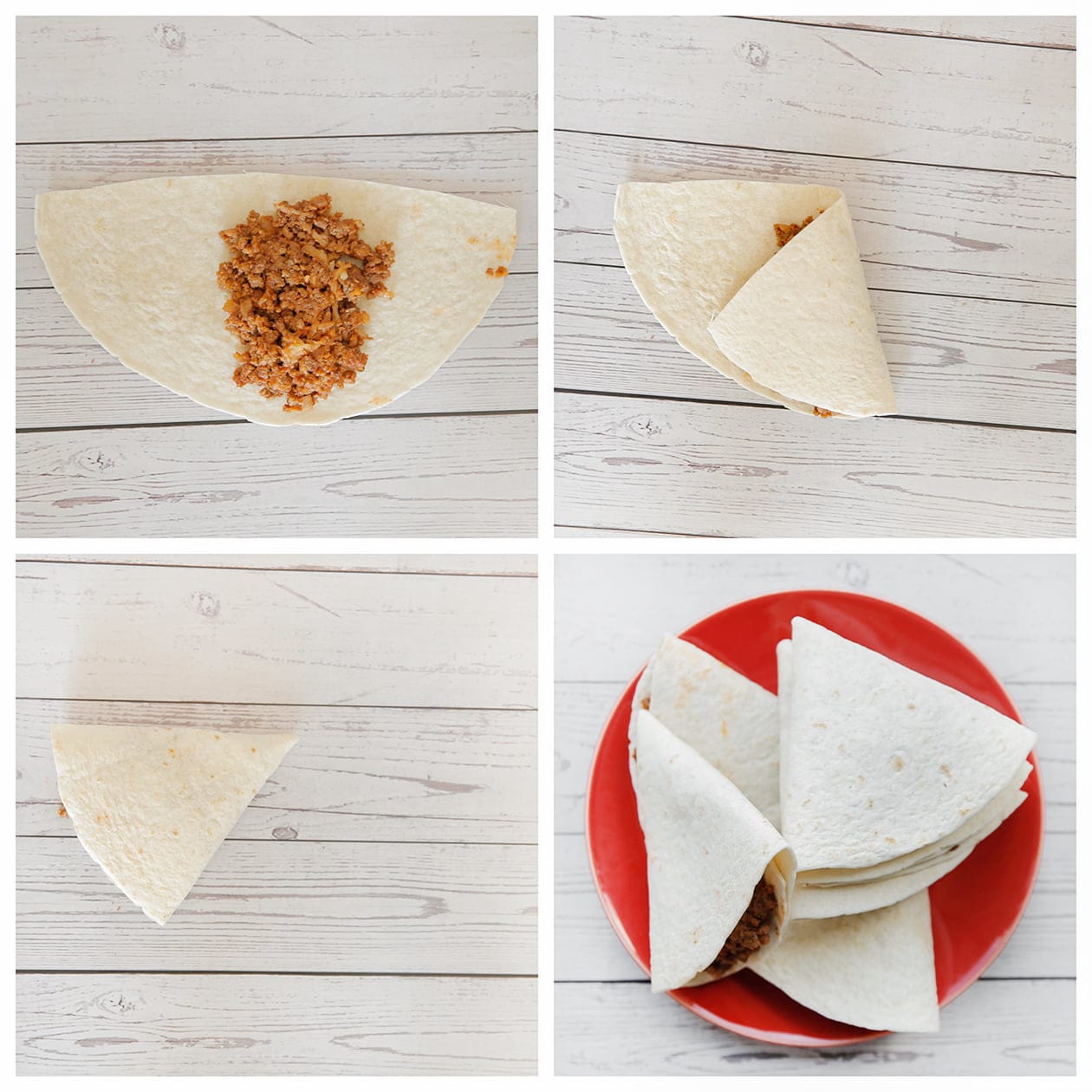 Wraps vullen met het gehaktmengsel en vouwen in driehoekjes