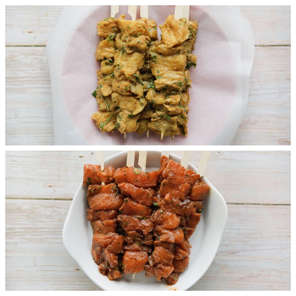 Rijg de zalm en zeewolf aan de satéstokjes.