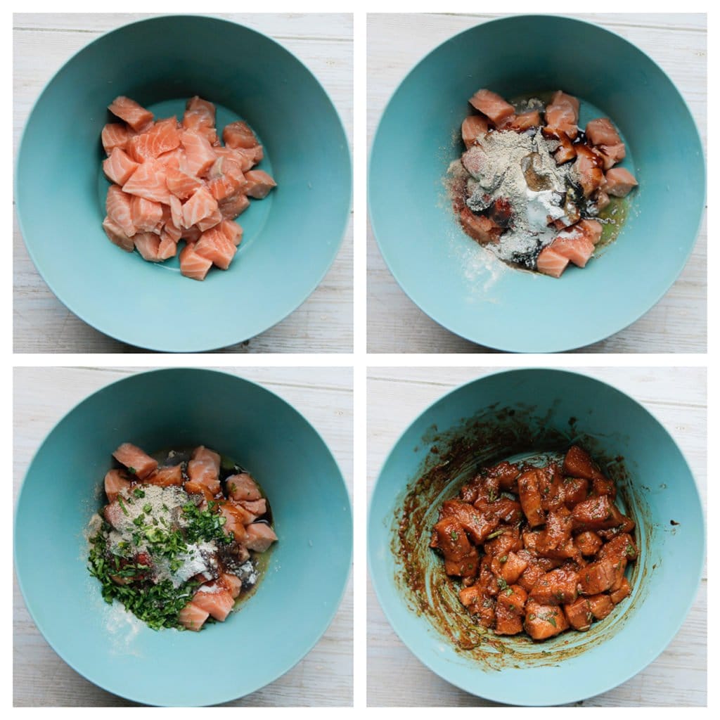 Snijd de zalm in blokjes en doe deze in een diepe kom. Voeg het zout, de paprikapoeder, uienpoeder, knoflookpoeder, zwarte peper, gemberpoeder, peterselie, olijfolie en ketjap manis toe. Meng goed. Laat de smaken intrekken.