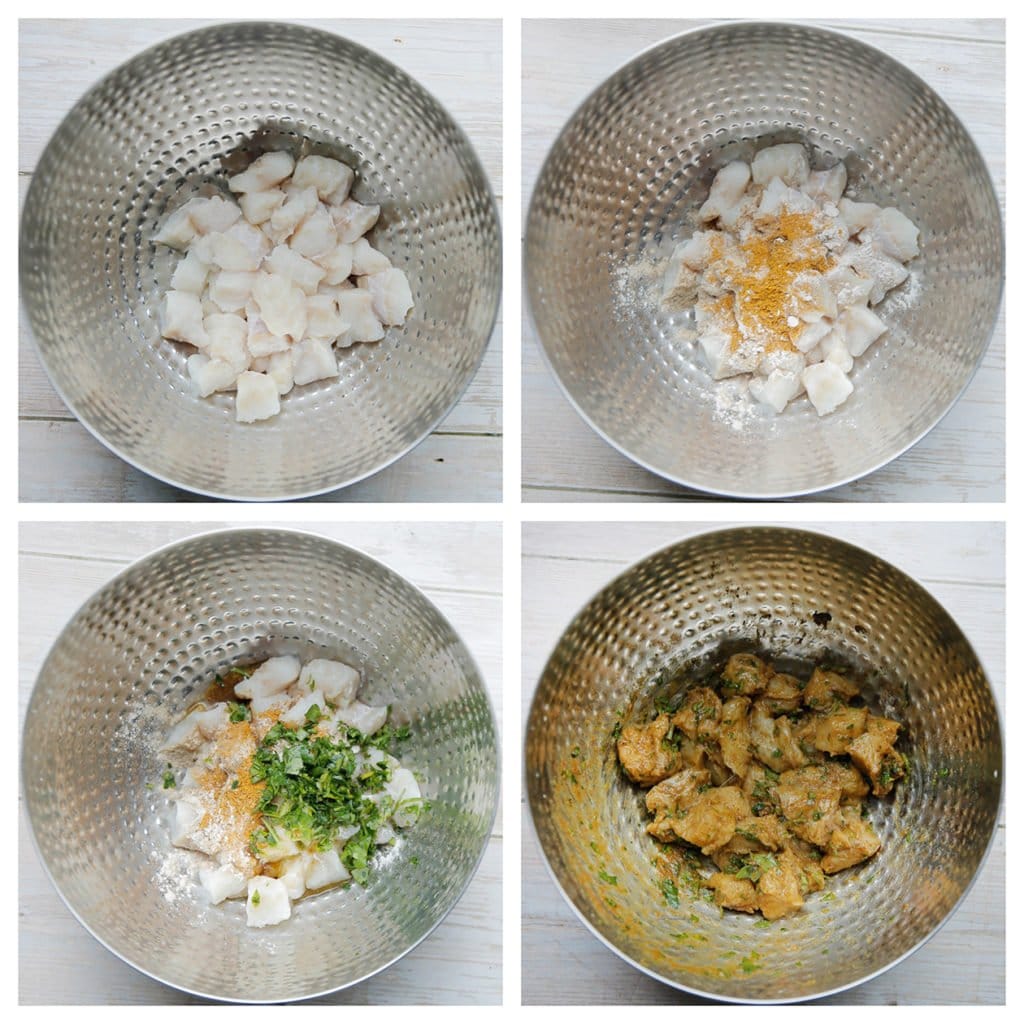 Snijd de zeewolf in blokjes en doe in een kom. Voeg het zout, de ras el hanout, komijn, knoflookpoeder, uienpoeder, olijfolie en peterselie toe. Meng goed. Laat de smaken intrekken.