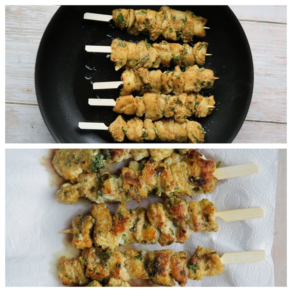 Verhit wat olie in een koekenpan op middelhoog vuur. Bak de zeewolfspiesjes gaar. Laat uitlekken op keukenpapier.