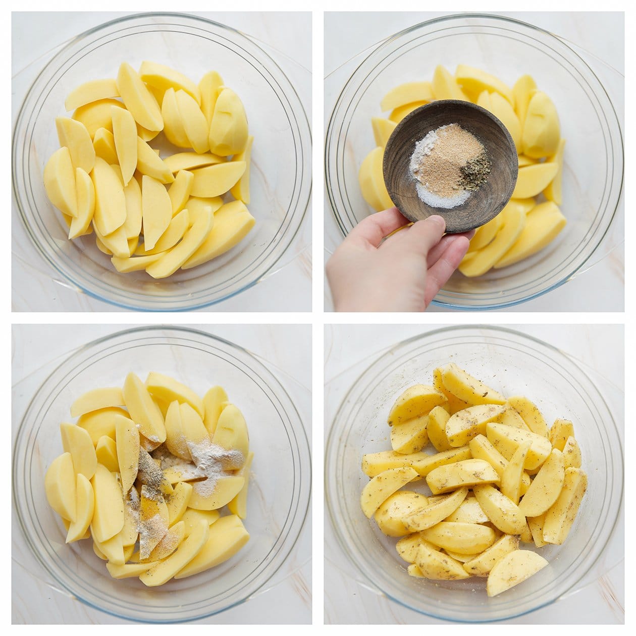 Aardappelpartjes mengen met verse kruiden in een diepe kom