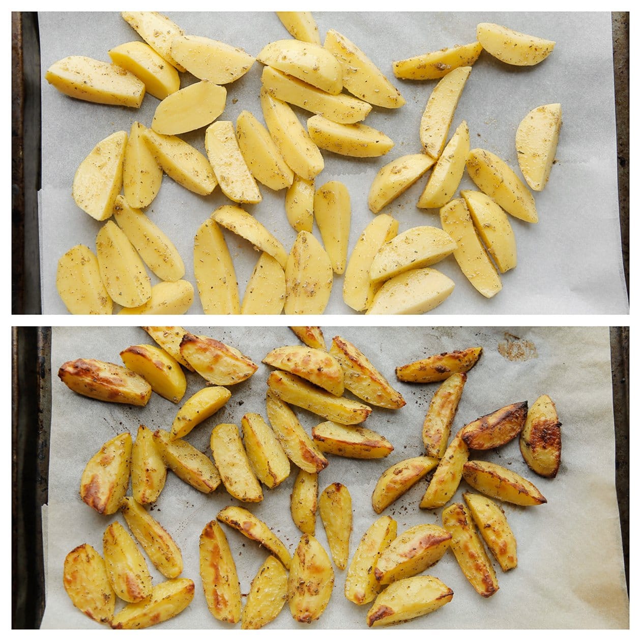 Aardappelpartjes mooi goudbruin bakken in de oven