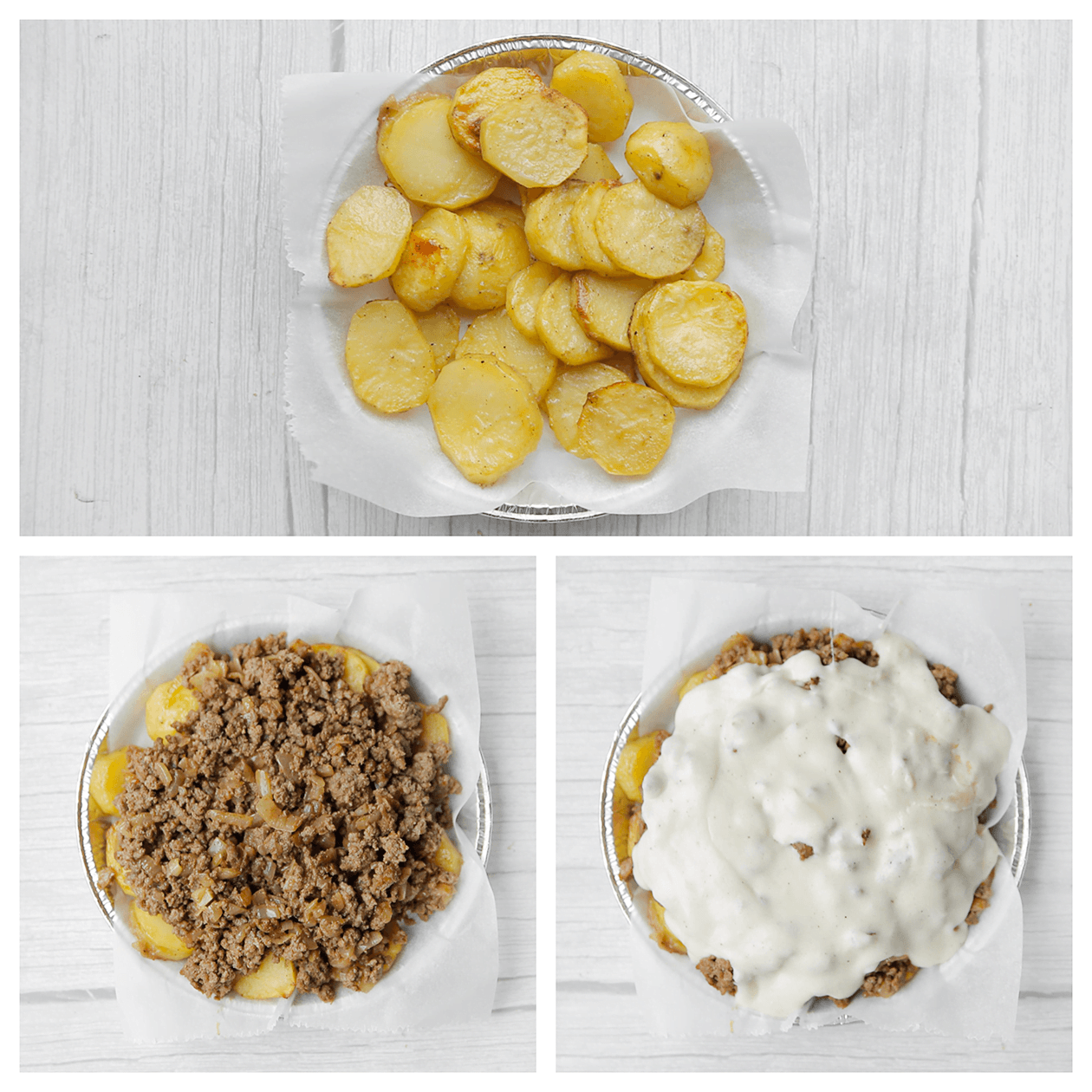 Aardappelschijfjes, gehakt en bechamelsaus in een ovenschaal