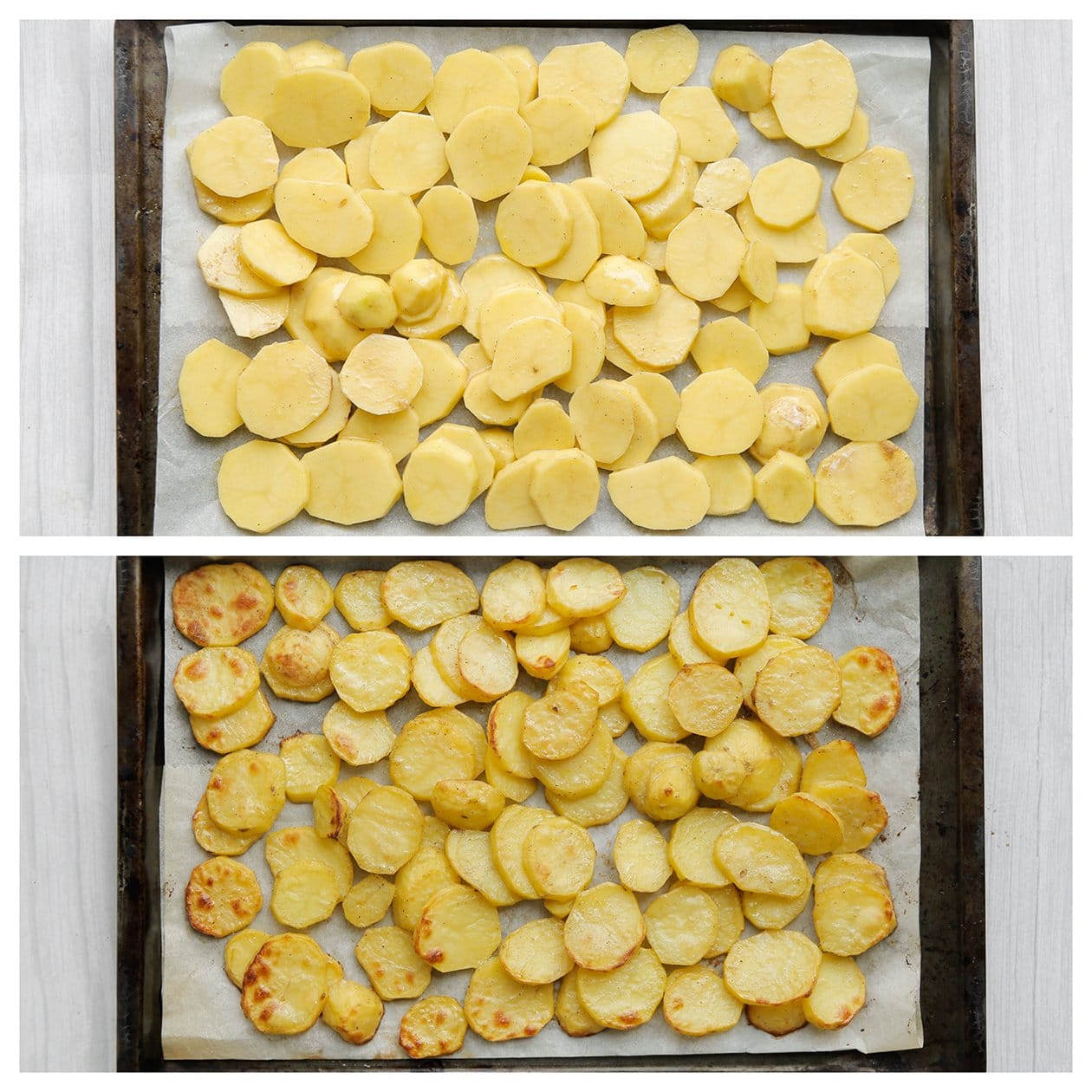 Aardappelschijfjes goudbruin bakken in de oven