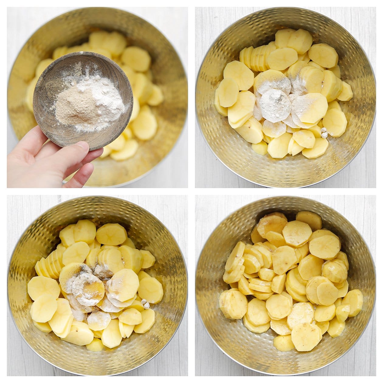 Aardappelschijfjes mengen met verse kruiden tot een geheel