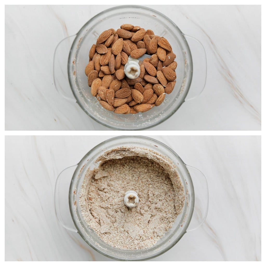 Doe de amandelen in een hakmolen. Maal extra fijn.