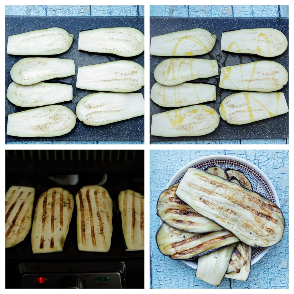 Snijd de aubergine in plakjes en drizzle er wat olijfolie en zout op. Grill een paar minuten.