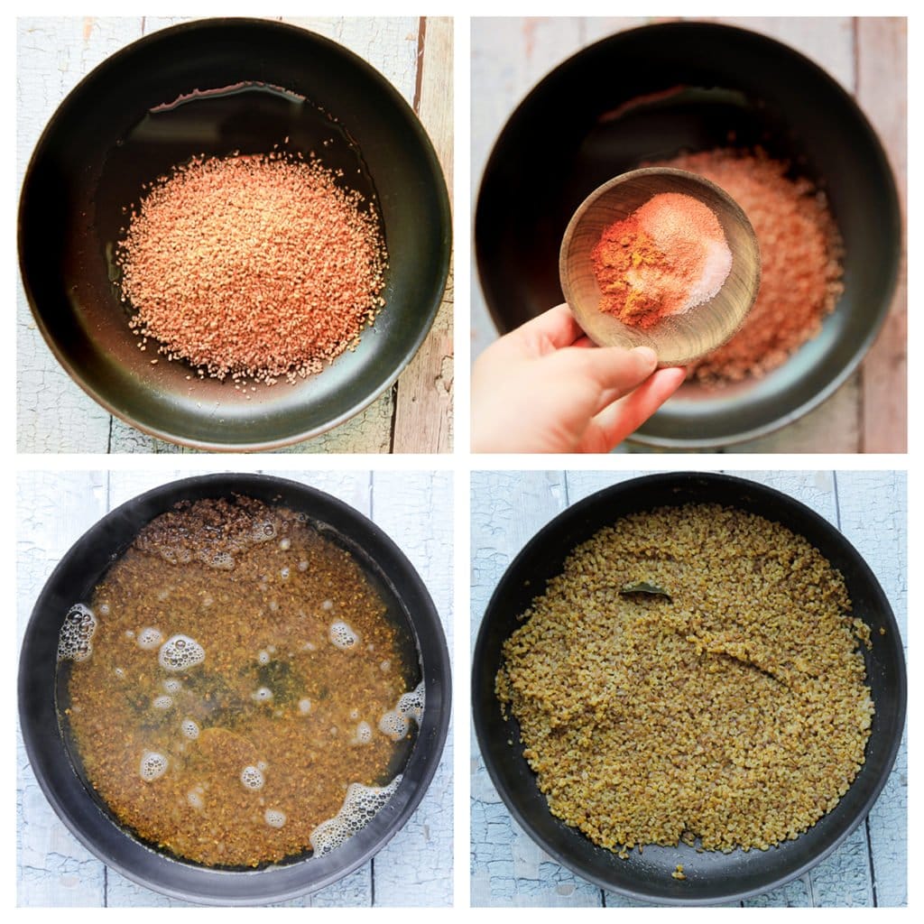 Breng het water in een pan aan de kook of gebruik een waterkoker. Verhit de olijfolie in een koekenpan op middelhoog vuur. Voeg de bulgur, ras el hanout, knoflookpoeder, het zout en laurierblaadje toe. Bak 1 minuut. Voeg het gekookte water toe en meng goed. Kook de pan op hoog vuur. Wanneer het kookt, zet je het vuur laag. Kook, afgedekt, 10-12 minuten.