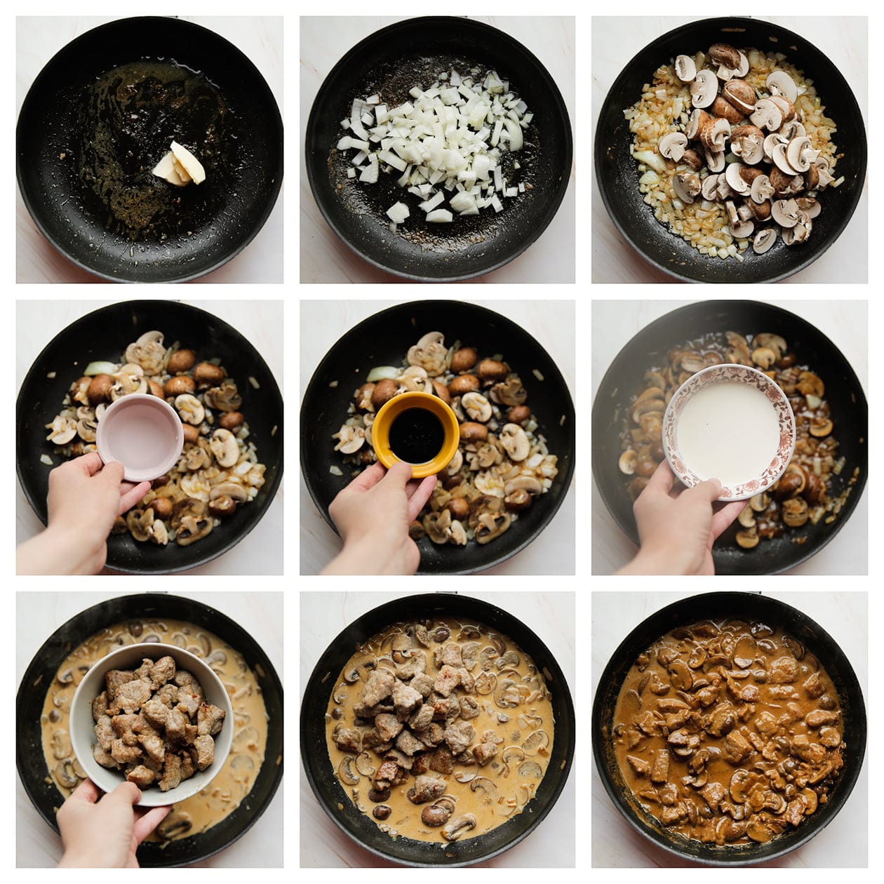 Champignonsaus koken met biefstuk in een koekenpan