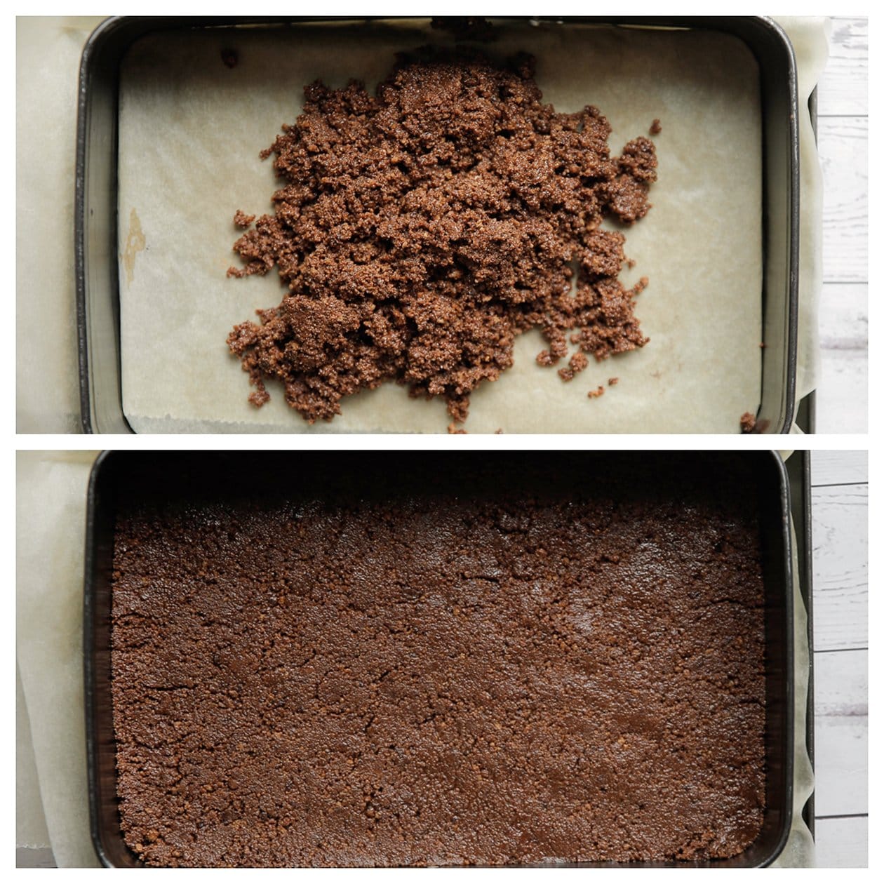 Chocolate chip koekjesdeeg verdelen over een bakvorm