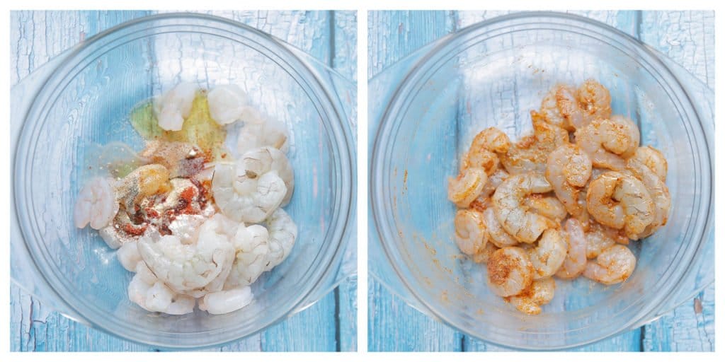 Doe de garnalen in een kom. Voeg de uienpoeder, knoflookpoeder, zwarte peper, het zout, de paprikapoeder en olijfolie toe. Meng goed. 