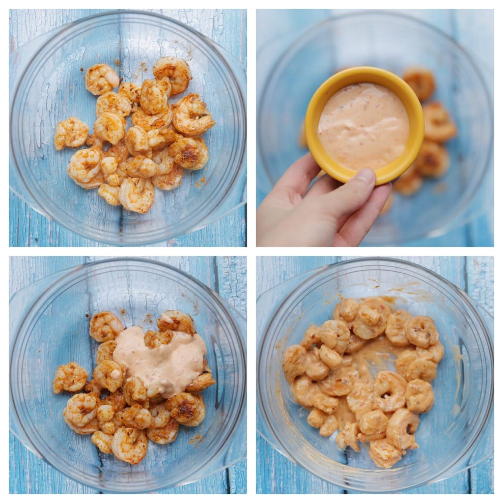 Doe de gebakken garnalen in een kom en voeg de saus toe (50 g). Meng tot een geheel.