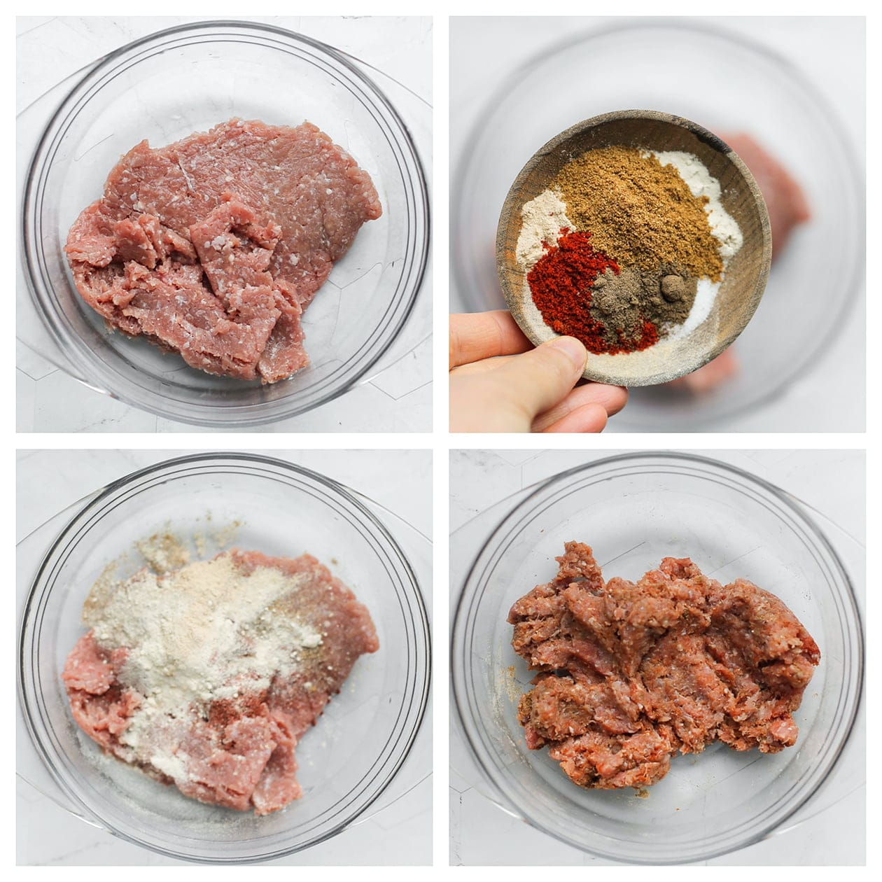 Gehakt in een diepe kom mengen met verse kruiden