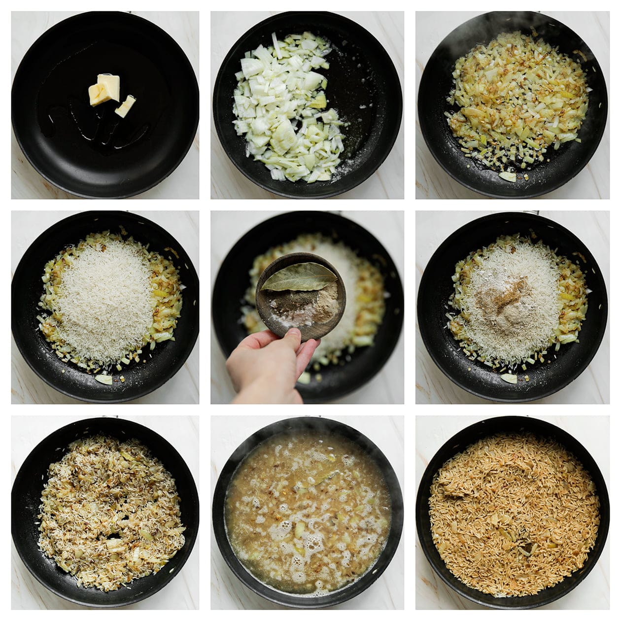 Gele ui goudbruin bakken en koken met rijst