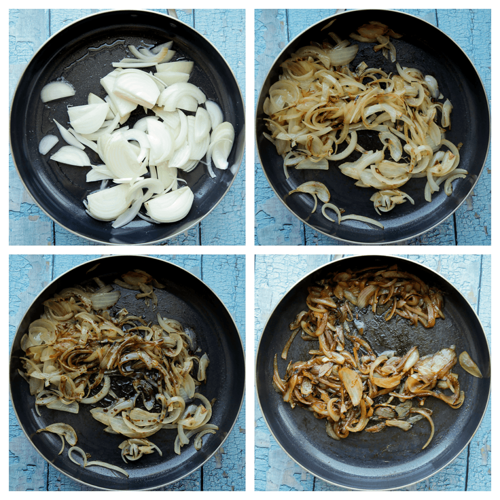 Verhit de zonnebloemolie in een koekenpan op hoog vuur. Voeg de gele ui toe en bak tot de randen goudbruin kleuren. Zet het vuur laag en bak, afgedekt, 15 minuten. Voeg de honing en kaneelpoeder toe. Meng goed en bak 5 minuten. Schep de gekarameliseerde ui uit de koekenpan en leg apart.