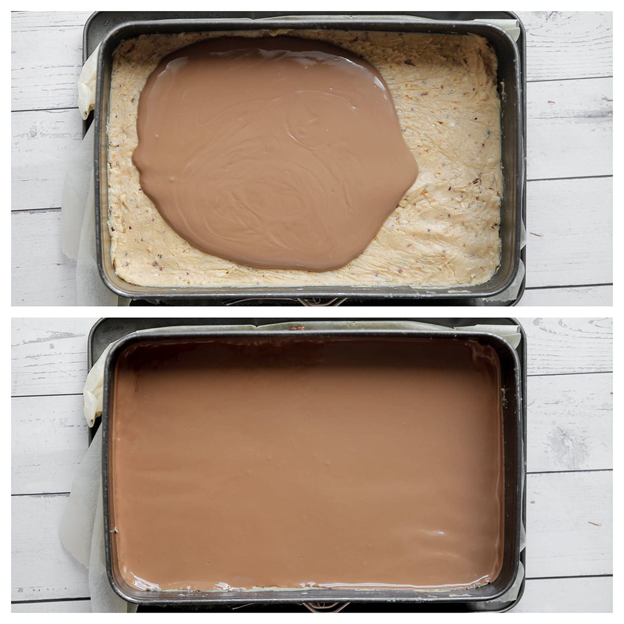 Gesmolten chocolade over het toffifeemengsel gieten