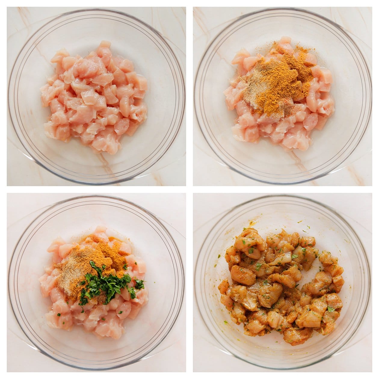 Kip in kleine stukken snijden en marineren met verse kruiden en peterselie