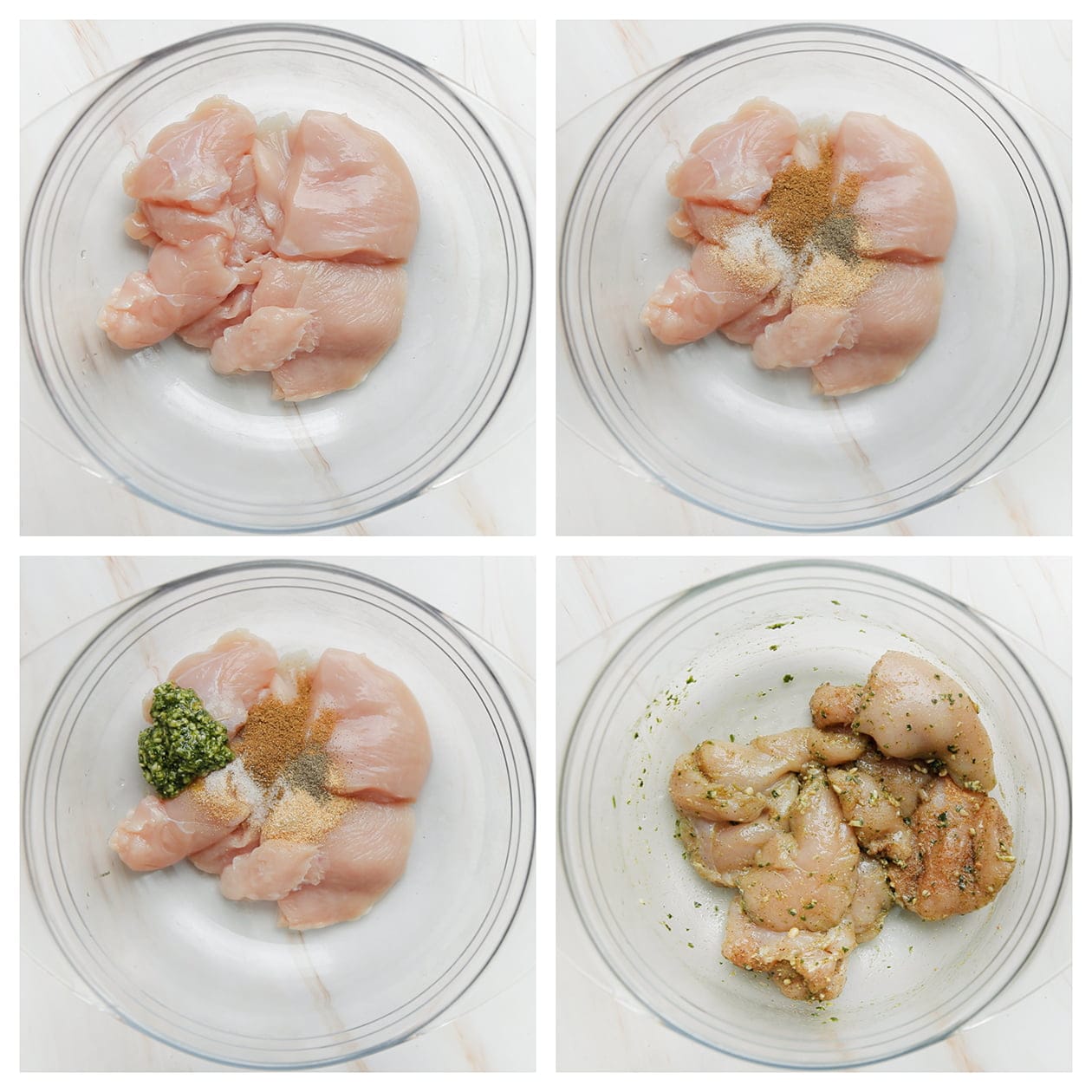 Kip mengen met verse kruiden en groene pesto in een diepe kom