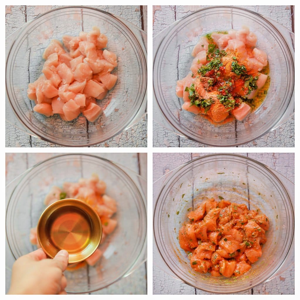 Snijd de kipfilet in blokjes en doe in een kom. Voeg de ras el hanout, knoflookpoeder, sambal, kaneelpoeder, het zout, de peterselie en olijfolie toe. Meng goed.