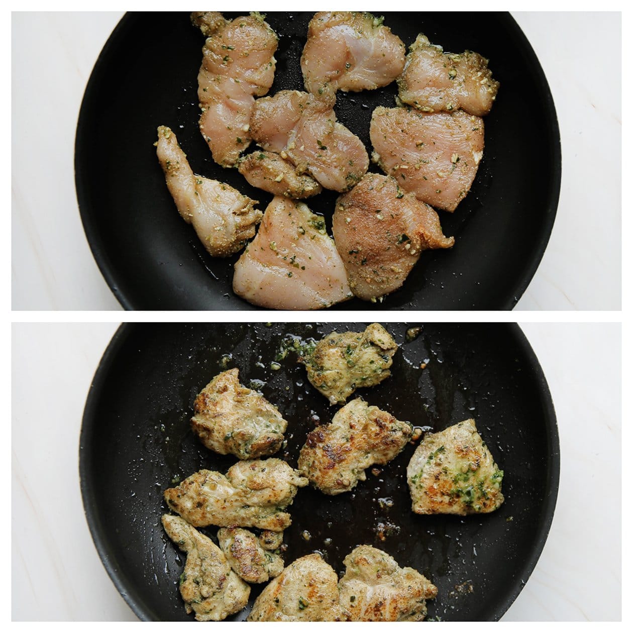 Kippendijen aan beide kanten gaar bakken in een koekenpan