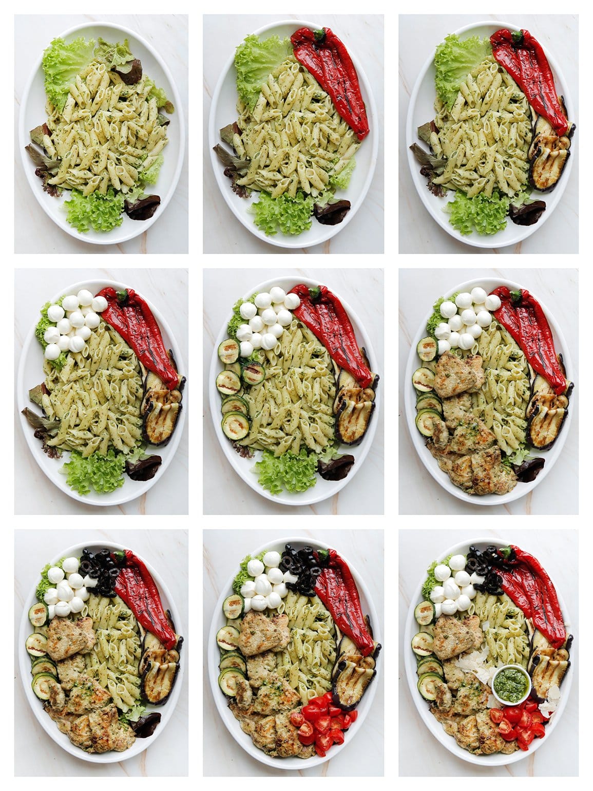 Kippendijen salade met penne en gegrilde groenten