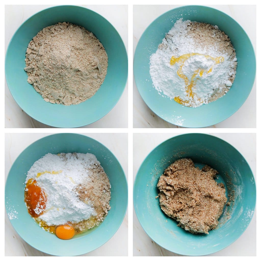 Doe de fijngemalen amandelen in een diepe kom. Voeg de poedersuiker, honing, abrikozenjam, het ei, oranjebloesemwater en bakpoeder toe. Kneed goed tot een geheel.