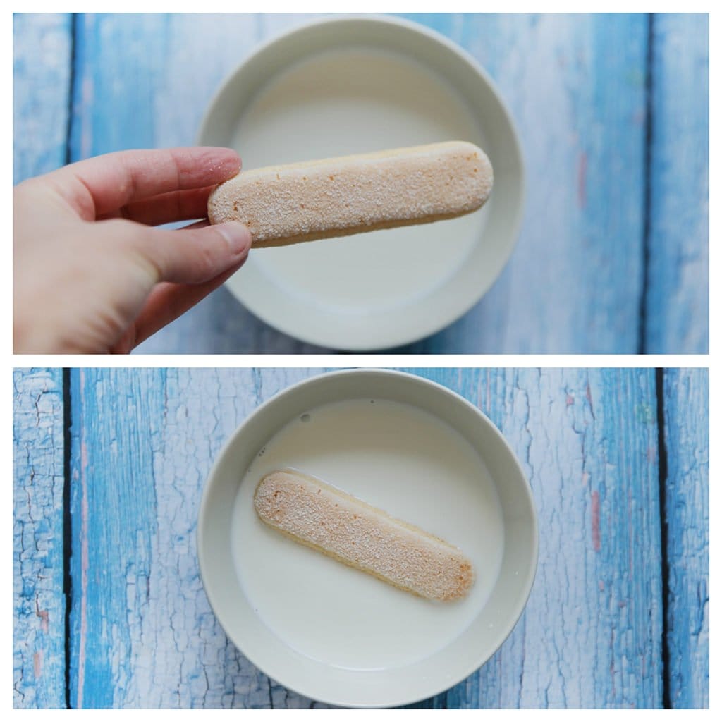 Haal de lange vingers door de melk en verdeel deze over een schaal.