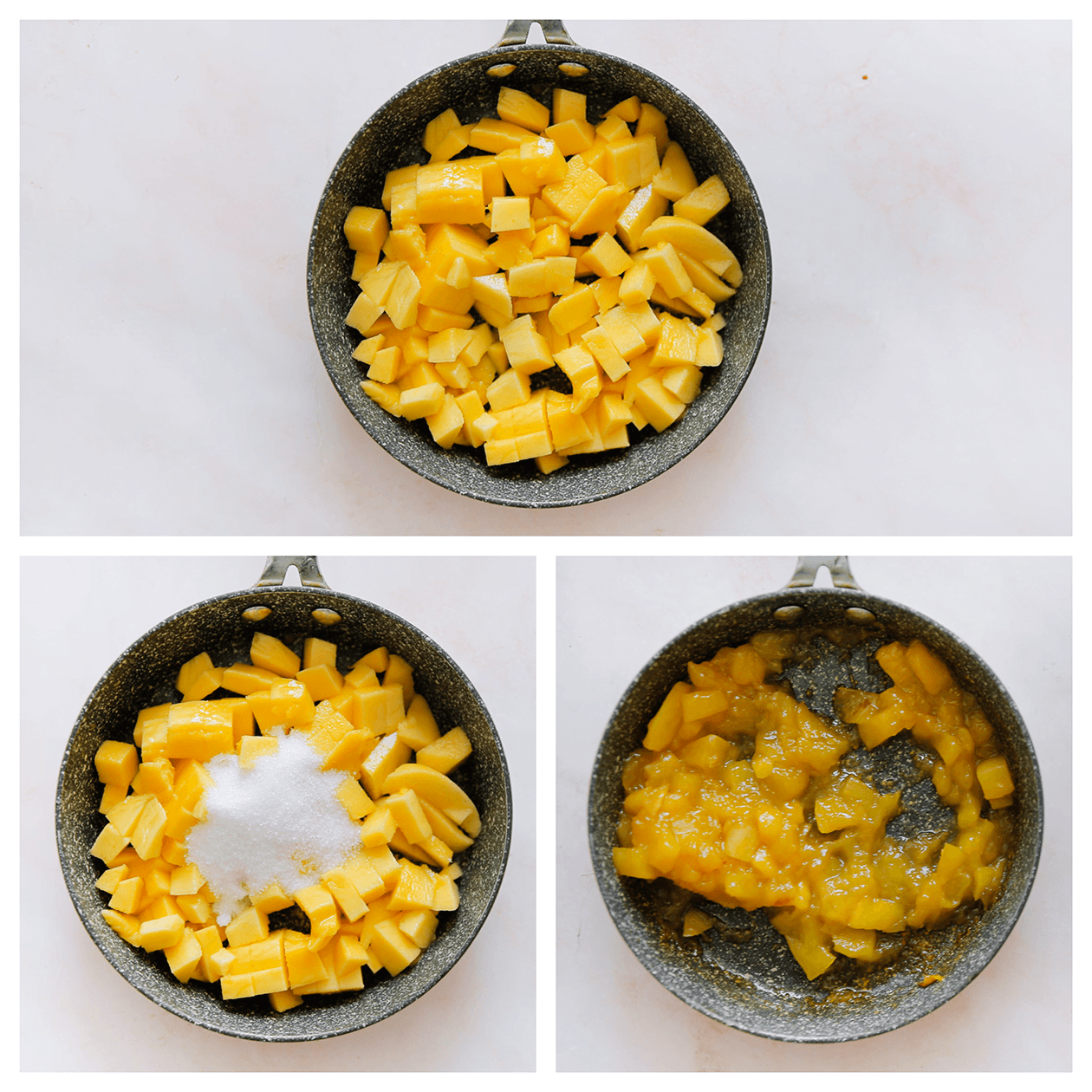 Mangostukjes zacht koken met suiker in een pan