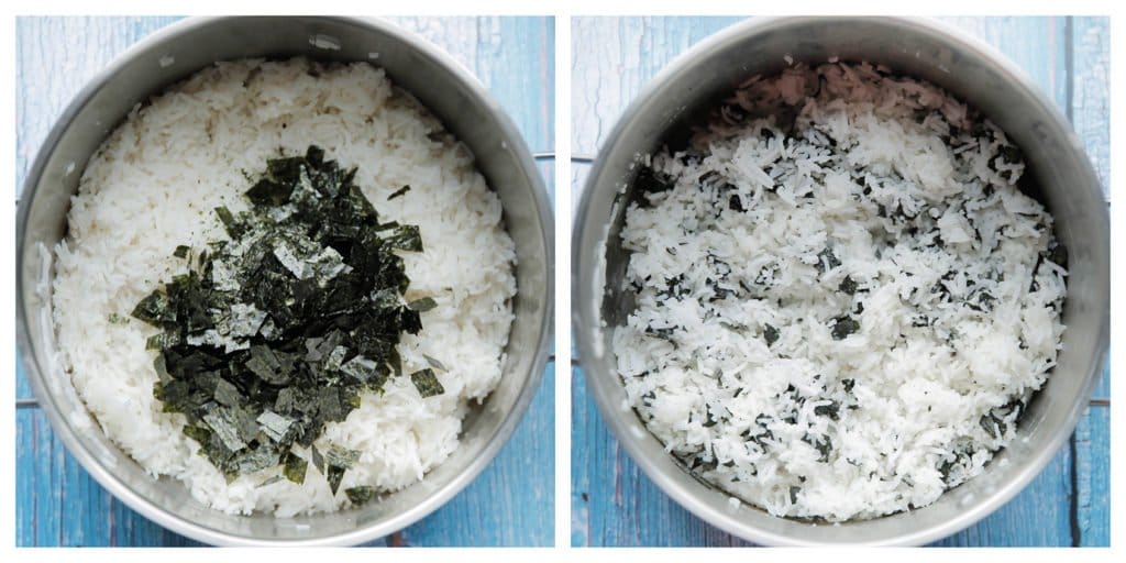 Knip de norivellen klein en voeg toe aan het rijstmengsel. Meng goed.