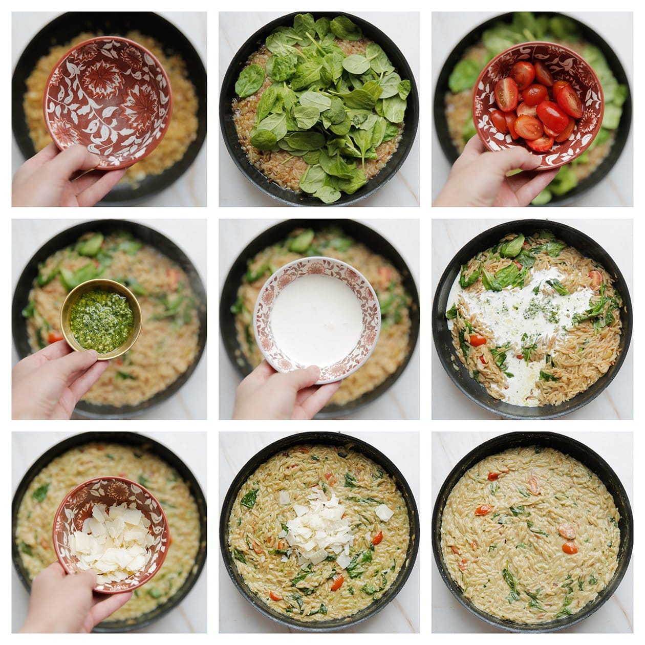 Orzo koken met water, groenten, room en kaas tot een geheel