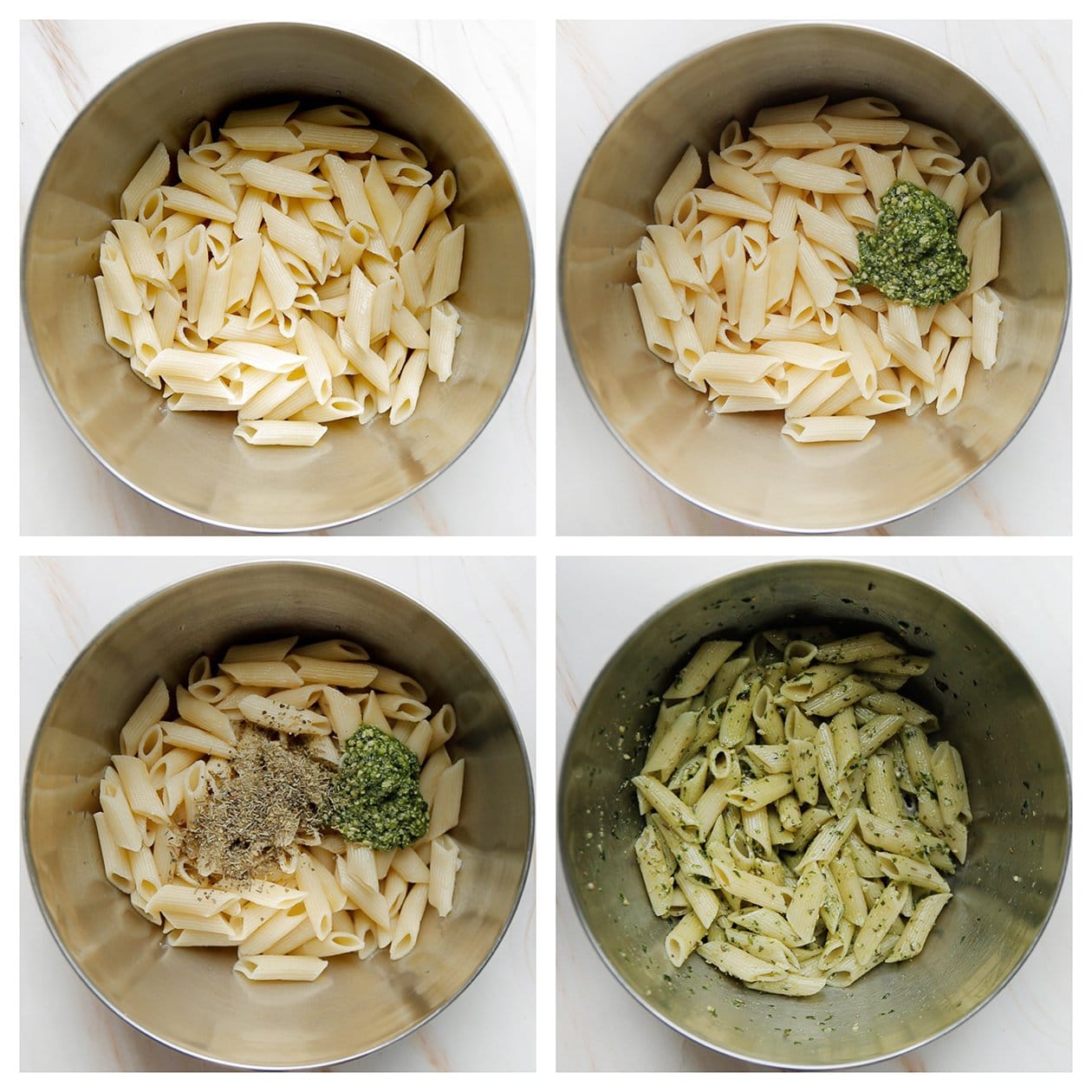 Penne met mengen met groene pesto in een diepe kom