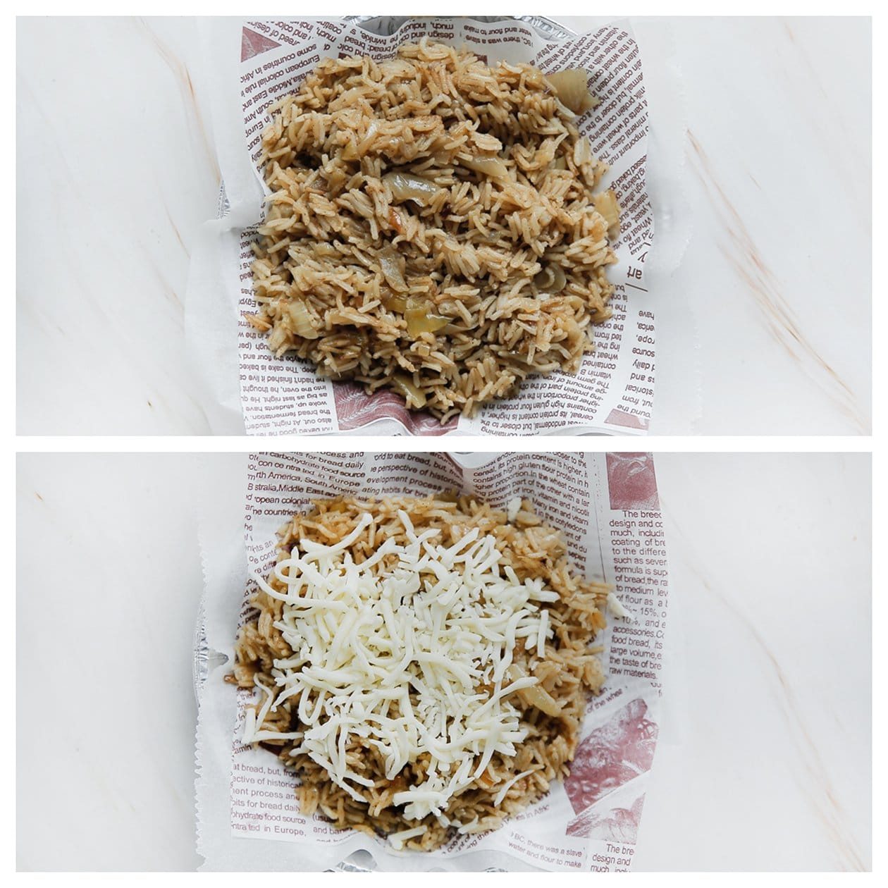 Rijst verdelen over een bord en geraspte kaas strooien