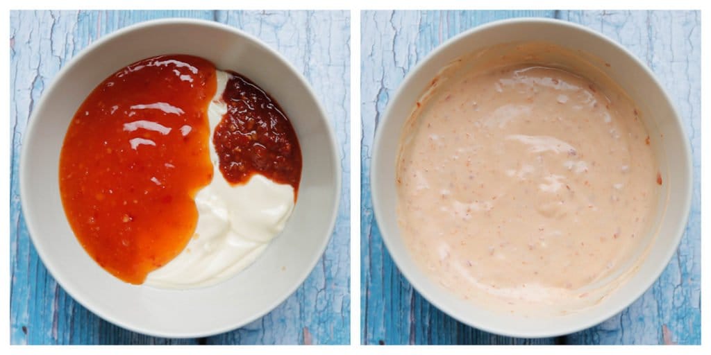 Doe de mayonaise, chilisaus en sambal in een kom. Meng tot een gladde saus. Houd 50 gram van de saus apart en doe de rest in een spuitzak.