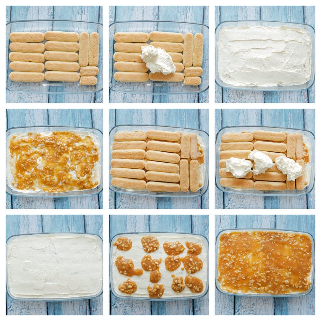 Verdeel de helft van de room over de lange vingers en smeer gelijkmatig uit. Verdeel de helft van het pinda-karamelmengsel erover. Verdeel er weer een laag lange vingers over. Schep de andere helft van de room erop en smeer egaal uit. Schep de andere helft van het pinda-karamelmengsel erover. 