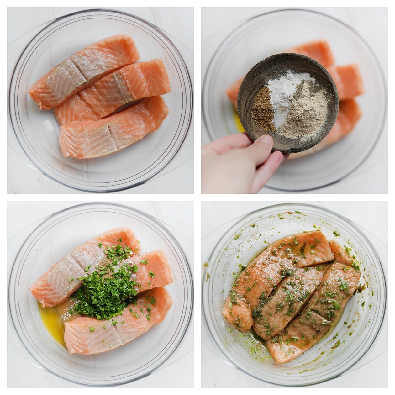 Stukken zalm in een diepe kom marineren met verse kruiden