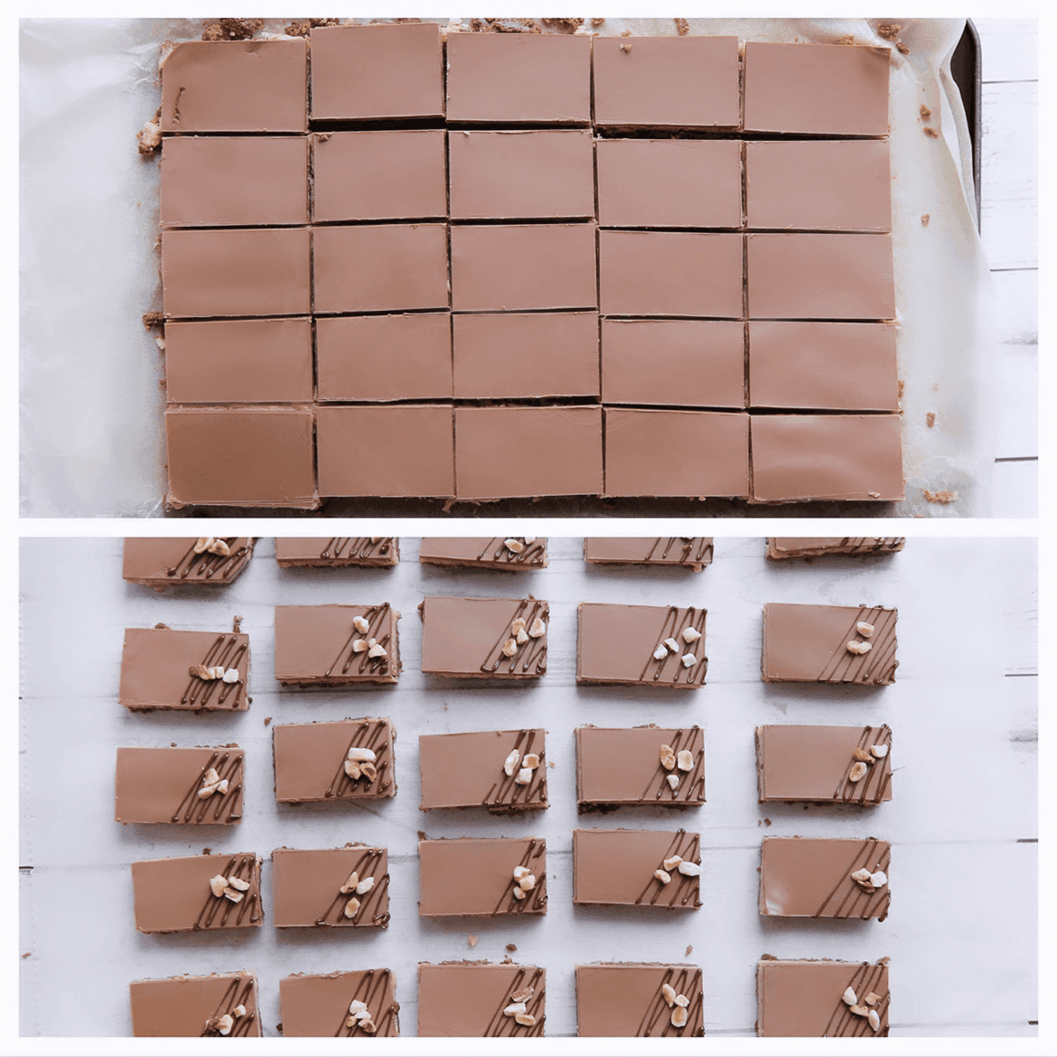 Toffifee koekjes in stukken snijden en garneren met lijntjes van chocolade en gehakte hazelnoten