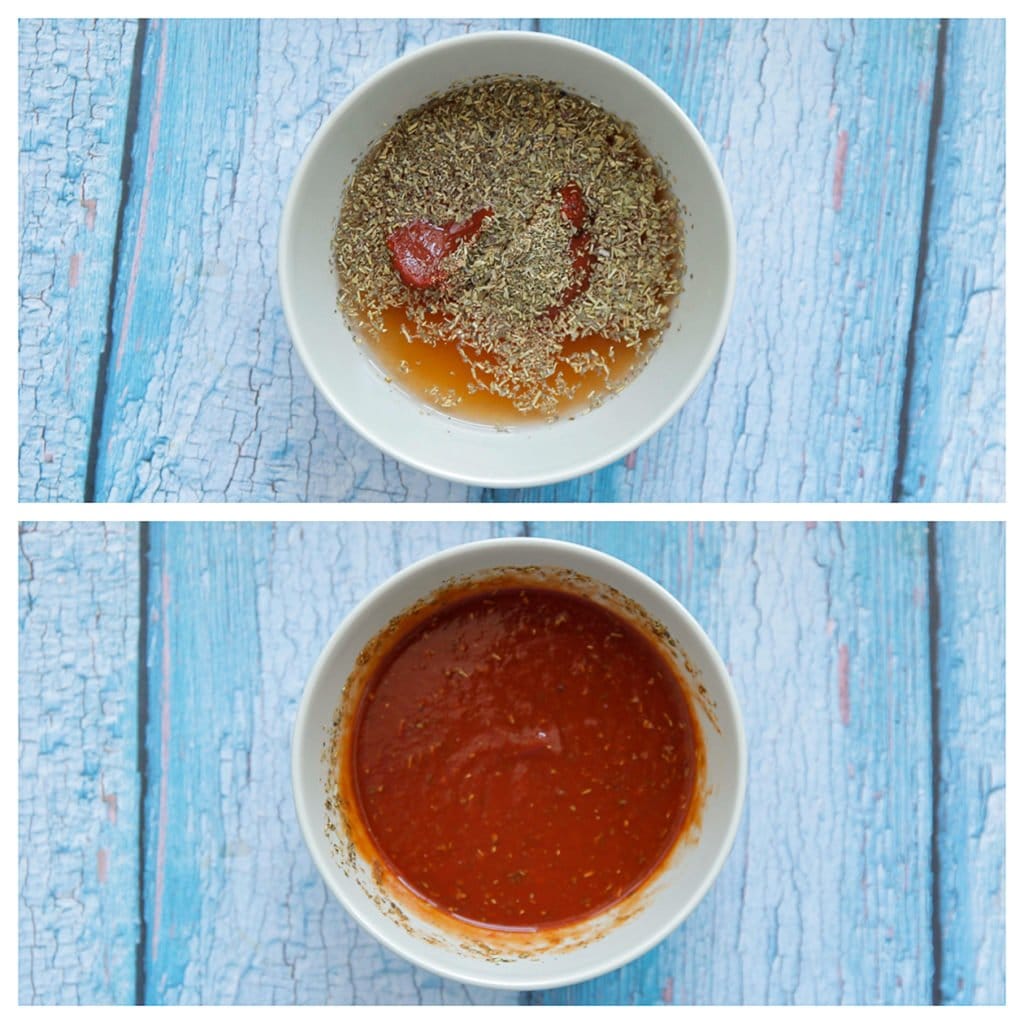 Doe de tomatenpuree, het water, de olijfolie en oregano in een kom. Meng goed.