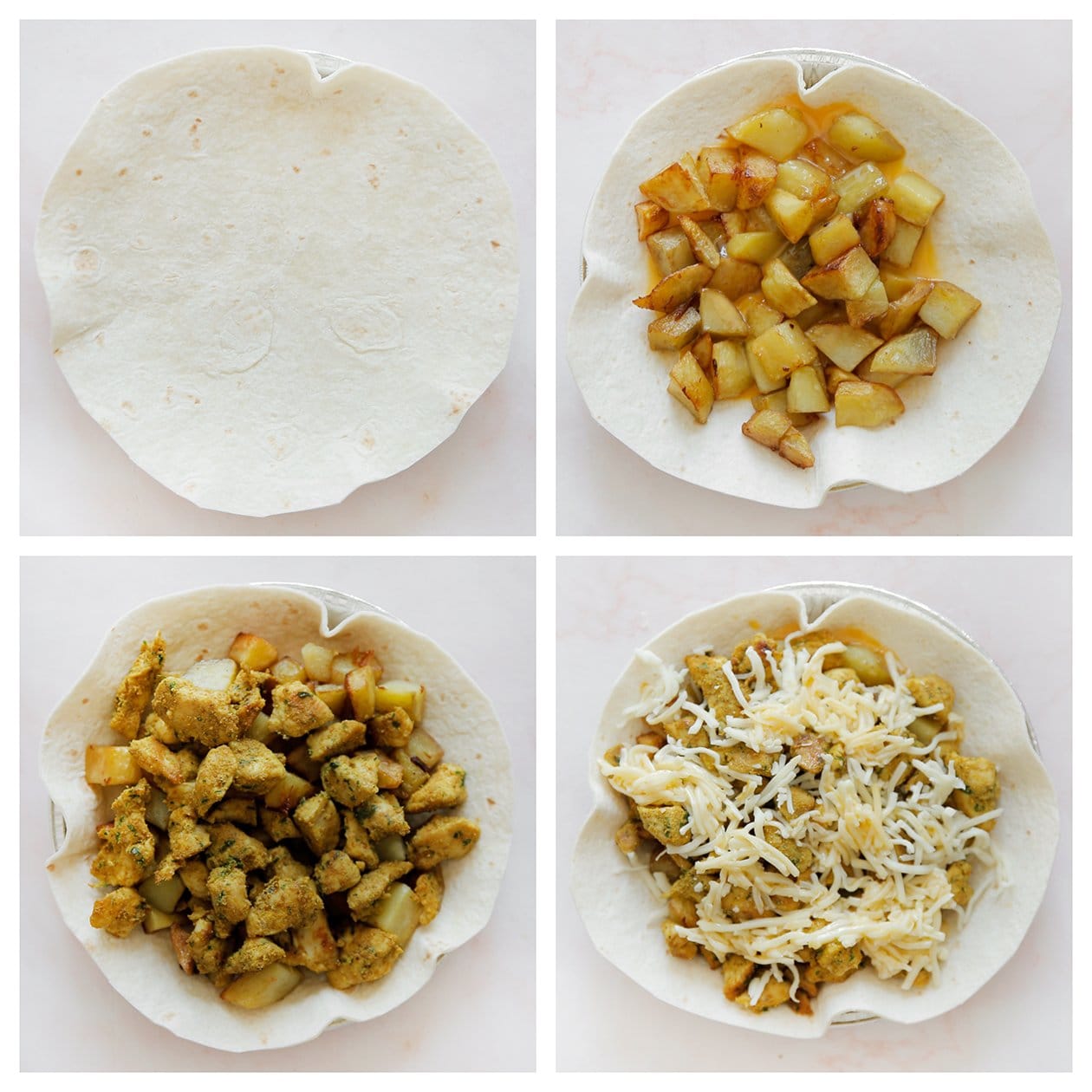 Wrap op schaal vullen met aardappel, ei en kip