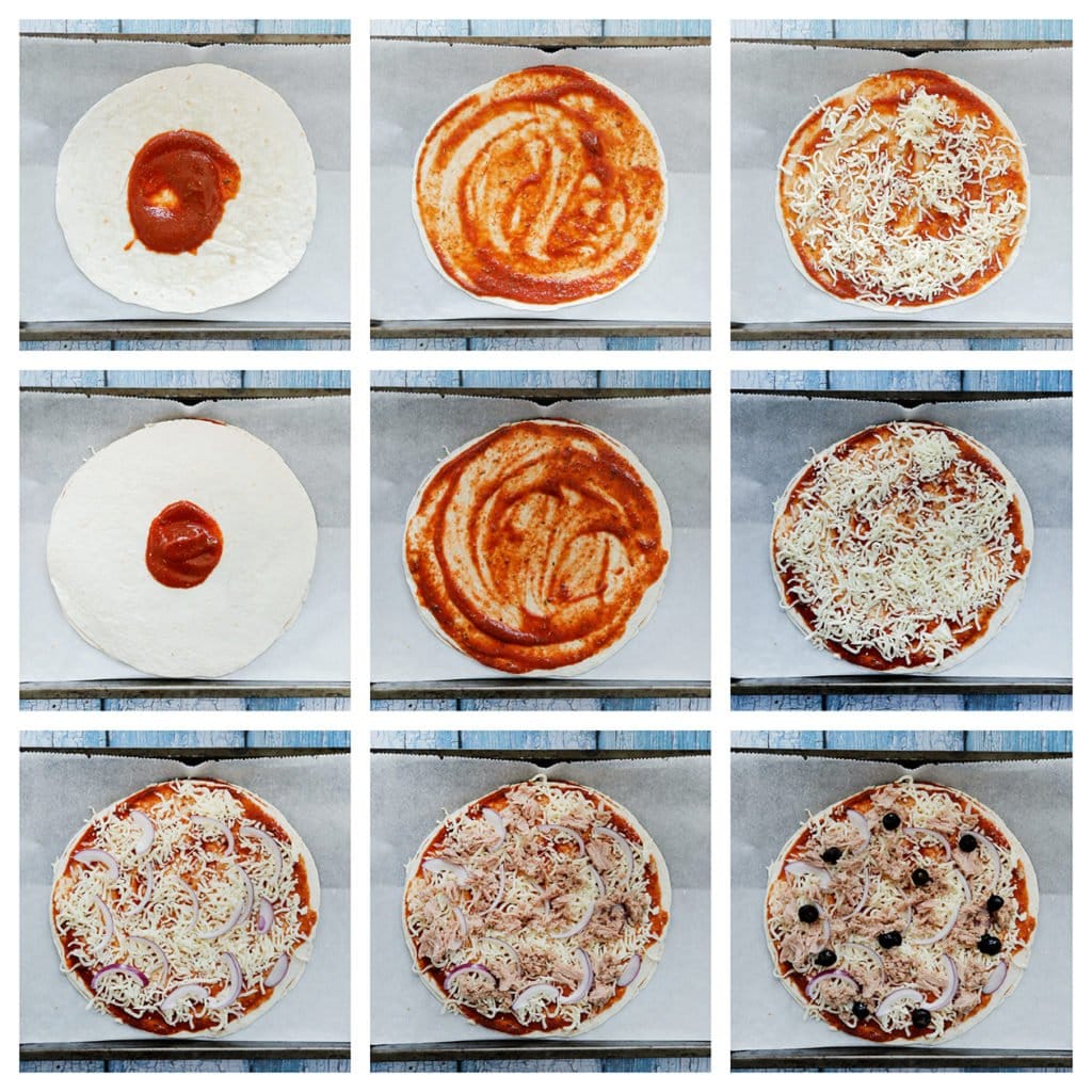 Neem een wrap en verdeel er wat saus over. Strooi er geraspte mozzarella op. Leg er een andere wrap op en smeer er wat saus op. Top het af met geraspte mozzarella, rode ui, tonijn en zwarte olijven.