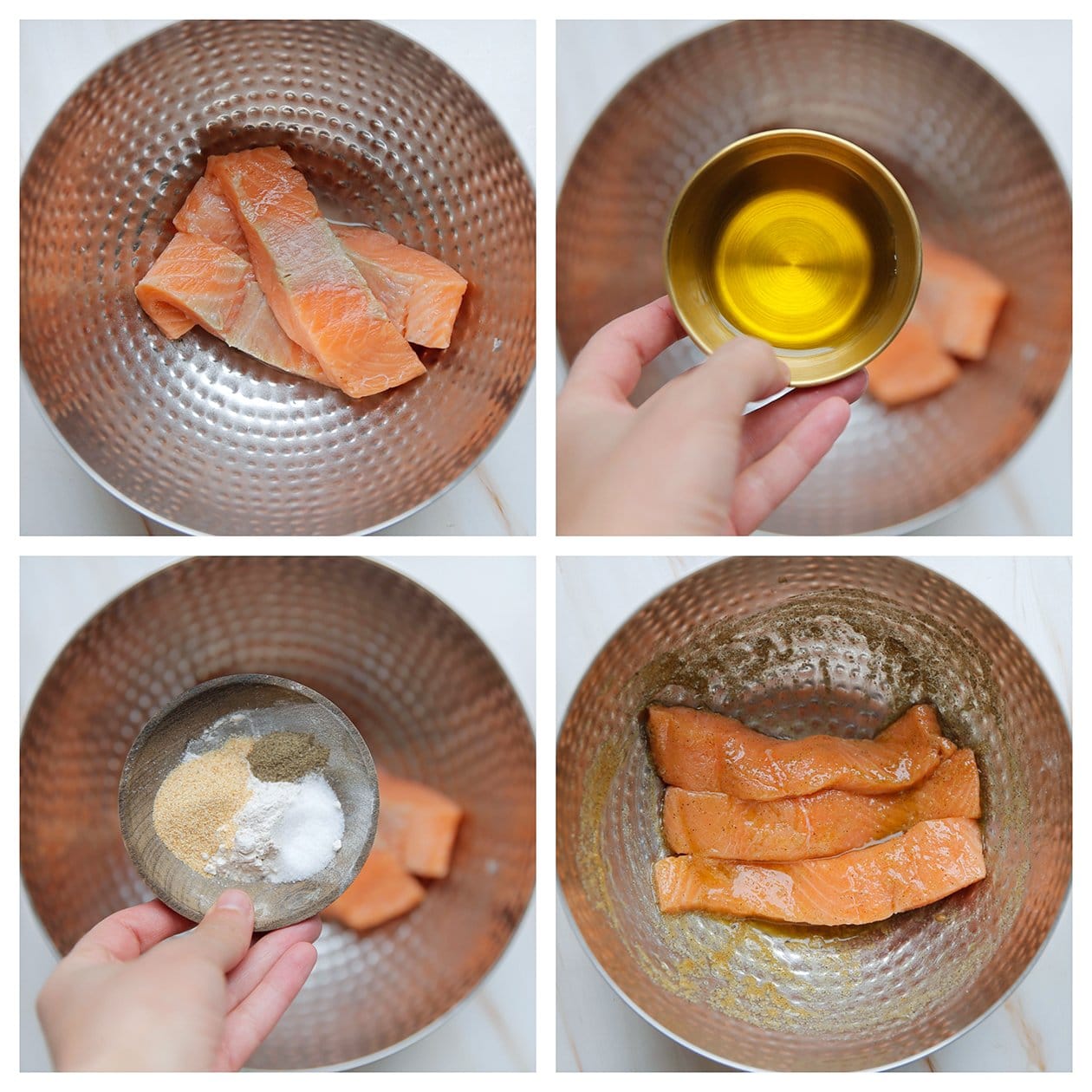 Zalm mengen met olijfolie en verse kruiden