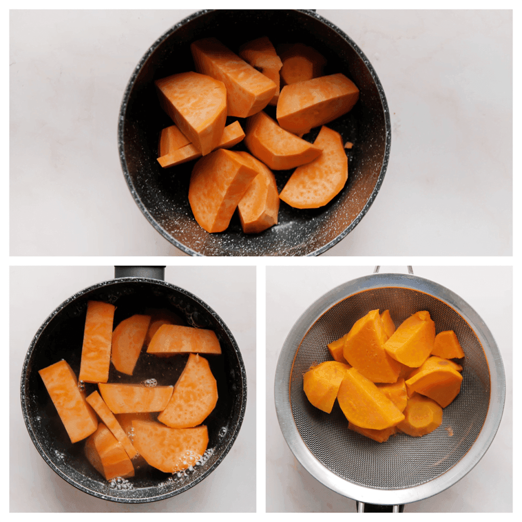 Schil en snijd de zoete aardappel in stukken. Doe de zoete aardappel in een pan en voeg het gekookte water toe. Kook in ca. 15-20 minuten zacht. Laat het water uitlekken en afkoelen.