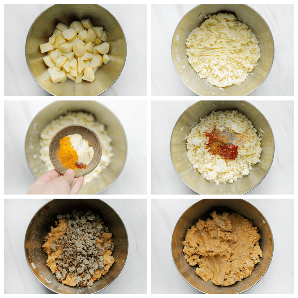 Doe de gekookte aardappels in een diepe kom. Voeg de komijnpoeder, kurkuma, knoflookpoeder, paprikapoeder, geraspte mozzarella en sambal toe. Stamp/prak de aardappels fijn. Voeg het gehakt toe en meng goed. Voeg zout toe naar smaak (ik heb 2 gram gebruikt). 