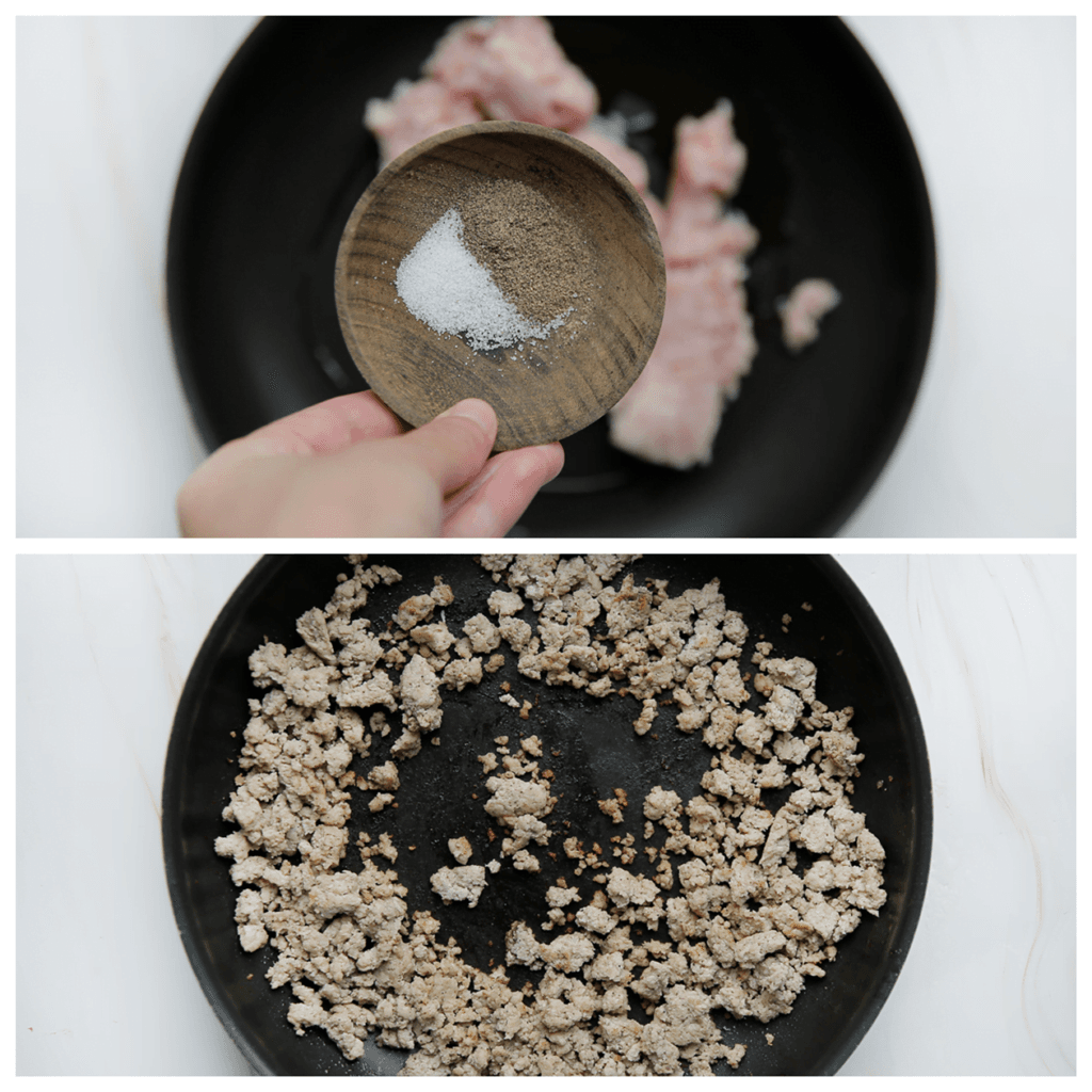 Doe het gehakt in een koekenpan op middelhoog vuur. Voeg het zout en de zwarte peper toe. Bak in ca. 8 minuten gaar.