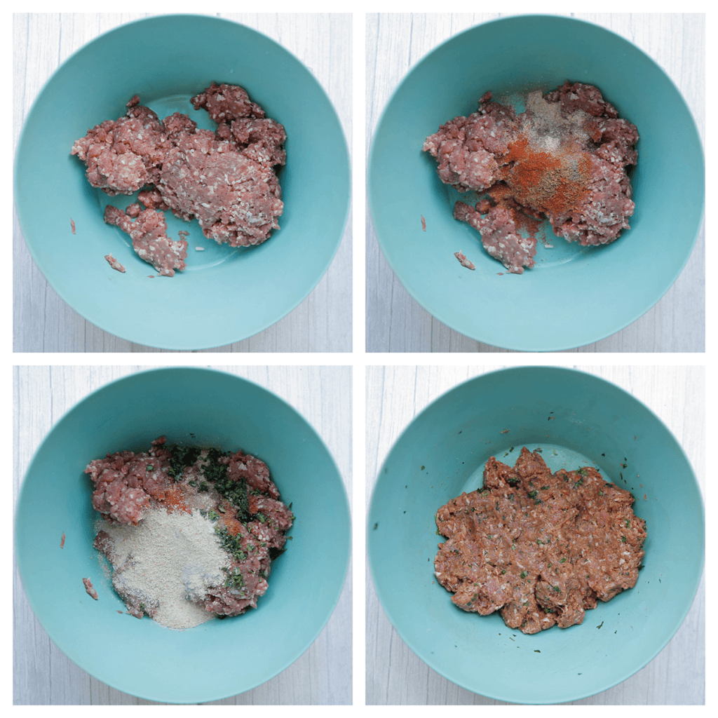 Doe het gehakt in een diepe kom. Voeg het zout, de zwarte peper, paprikapoeder, knoflookpoeder, komijnpoeder, peterselie, broodkruimels en zonnebloemolie toe. Meng goed.
