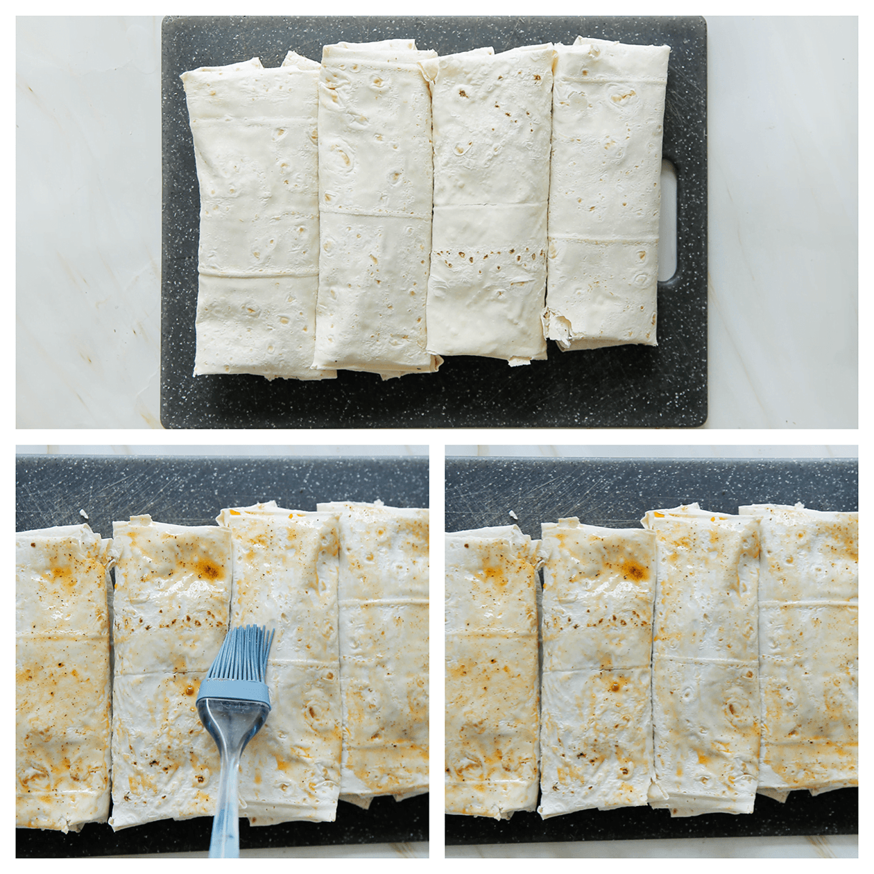 Gevulde yufka vellen met zalm insmeren met saus