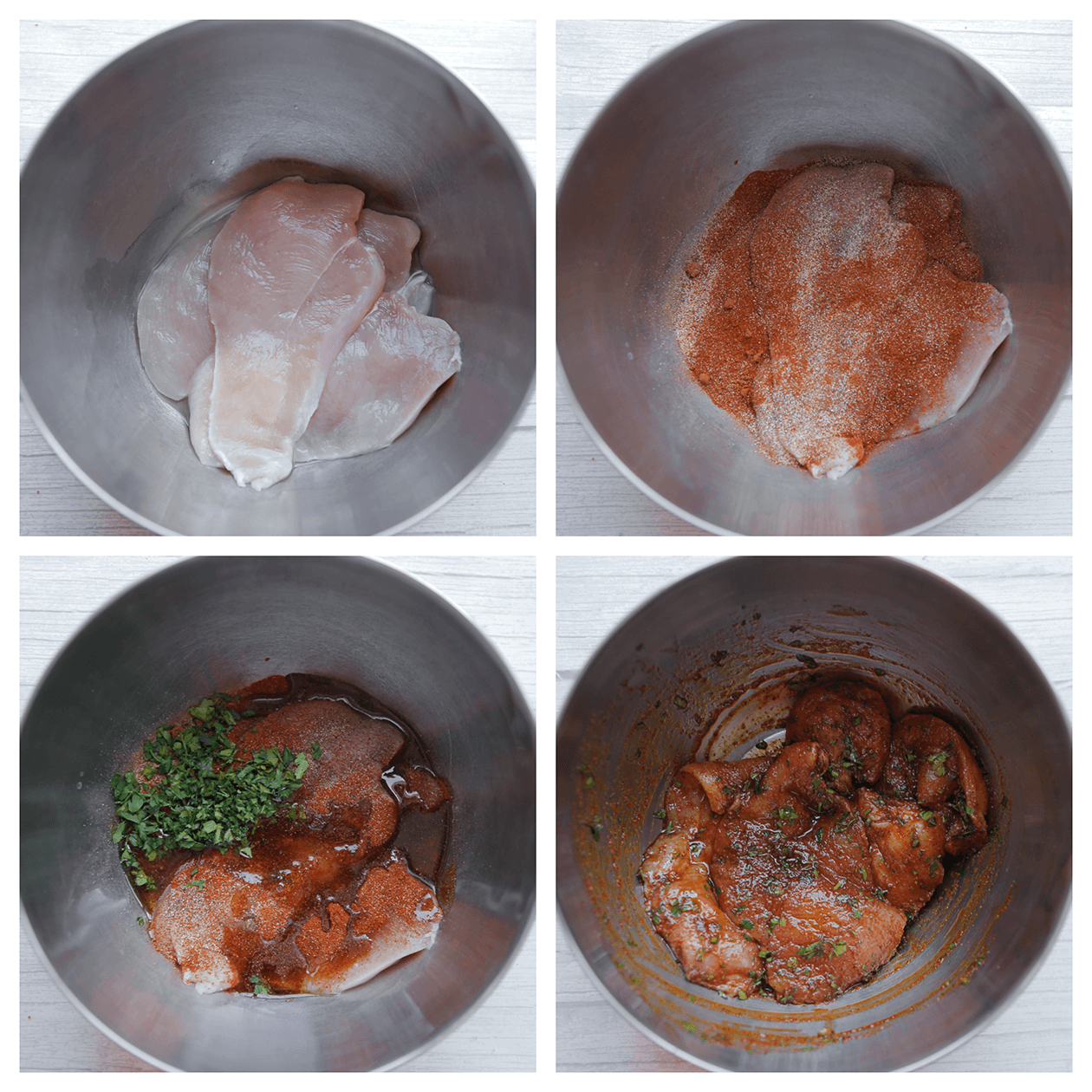 Kipfilet in grote stukken snijden en marineren met verse kruiden