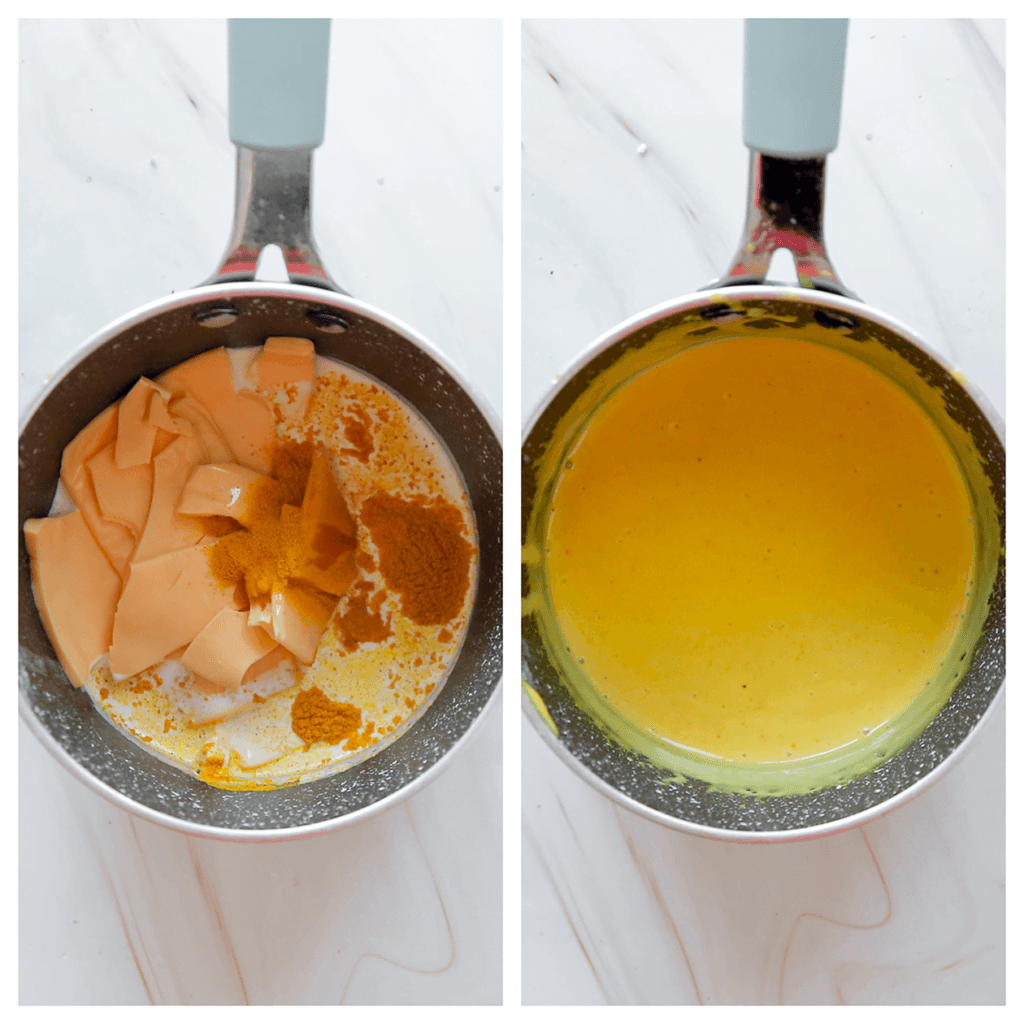 Doe de ongeklopte slagroom, cheddar kaas, kurkuma en sambal in een steelpan. Kook op niet al te hoog vuur tot een geheel. Blijf er wel bij staan om te roeren.