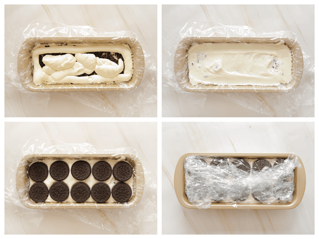 Doe er nu weer een laagje room op en maak het af met hele oreo koekjes. Dek af en leg een paar uur in de vriezer.