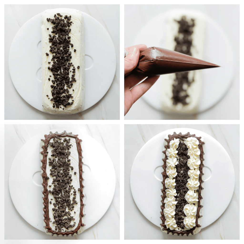 Garneer met oreo kruimels. Optioneel: Je kunt het een extra touch geven door de zijkanten te garneren met chocolade ganache, met on top wat toefjes room, oreo koek, aardbeien en muntbladeren.